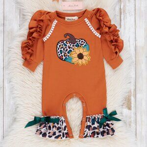 Marie Nicole Bronze & Teal Leopard Harvest Ruffle Romper 6/12 mos